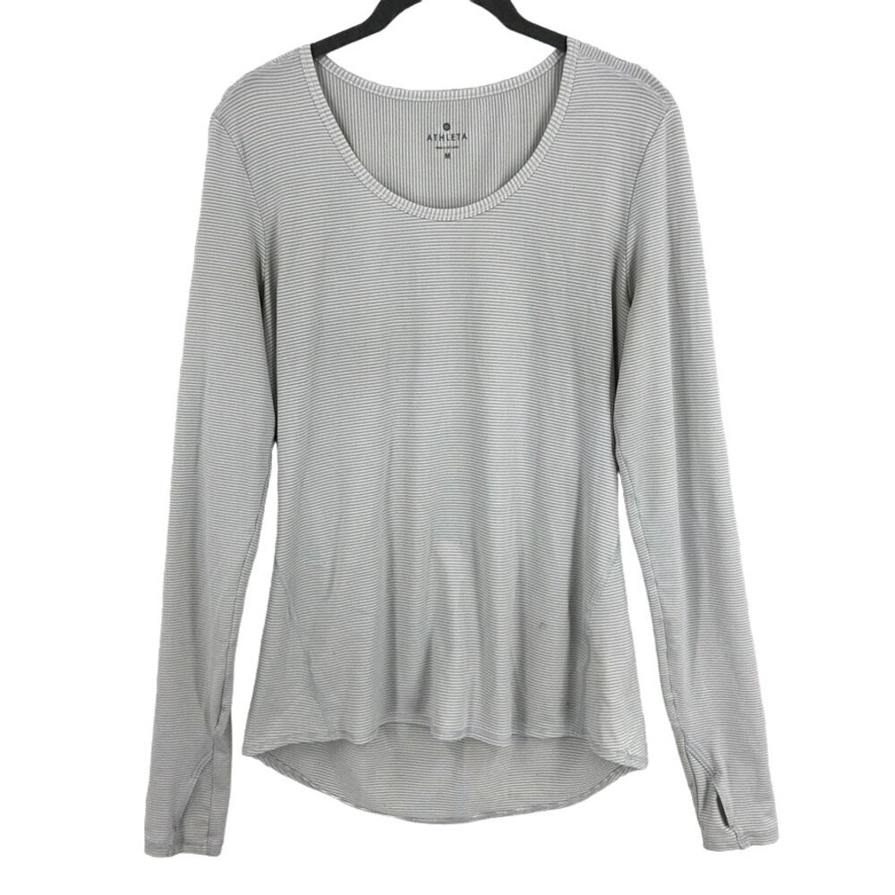 Athleta Top Women’s Medium Gray White Striped Long Sleeve Base Fitted Thumb Hole